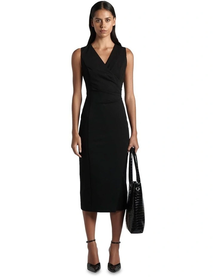 Eco Twill Faux Wrap Midi Dress in Black