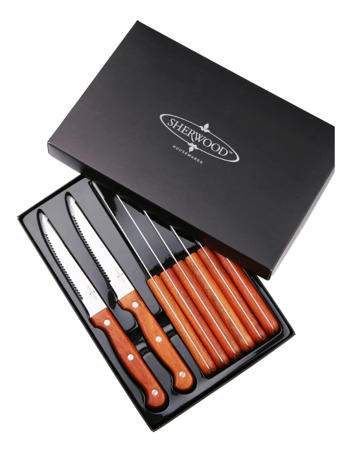 Steak Knife Set with Rosewood Handles 8 Piece in Natural Brown