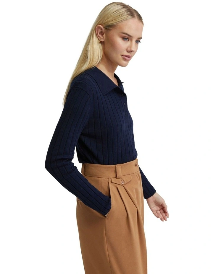 Rachel Cashmere Blend Rib Knit Polo in Navy