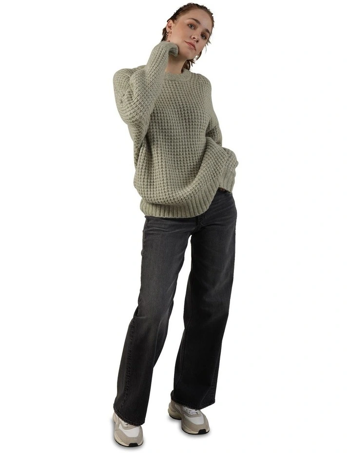 Oversized Waffle Crewneck Sweater in Olive