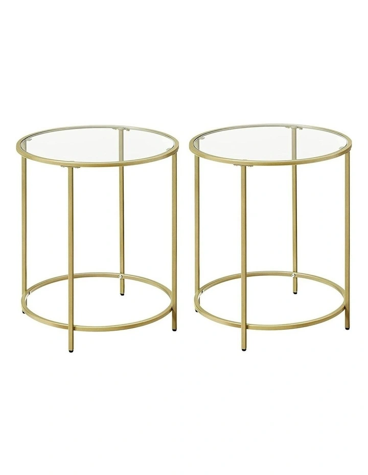 Round Side Tables Tempered Glass with Steel Frame Set of 2 in Gold