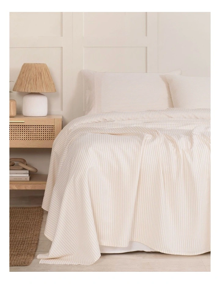Luxury Striped Linen Blend Queen Sheet Set in Beige