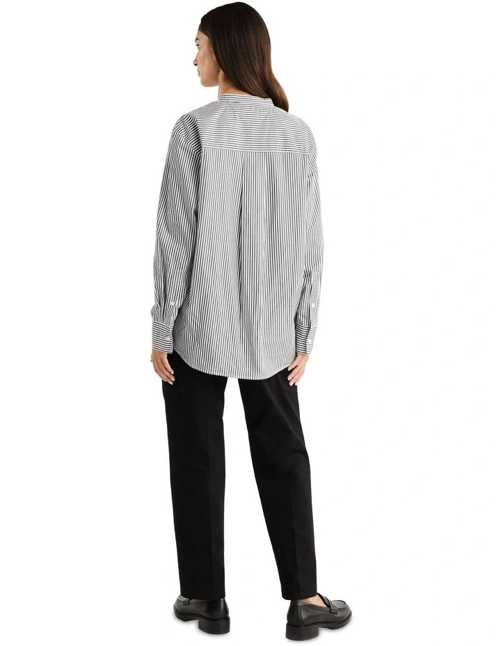 Stripe Collarless Oversized Fit Shirt in Black