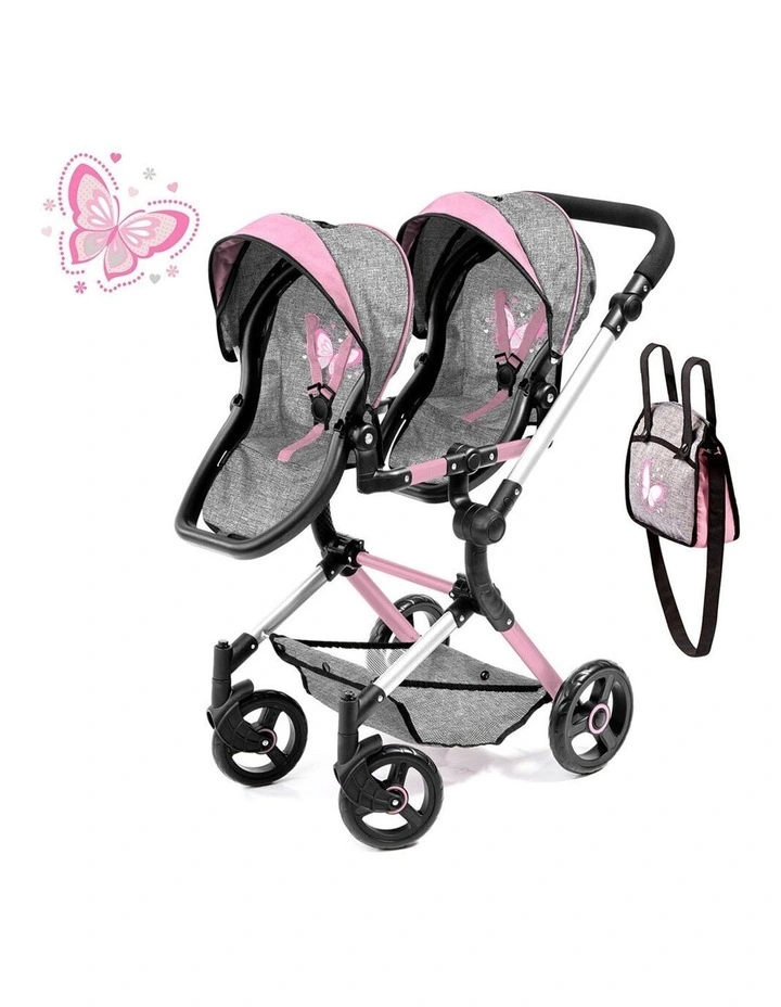 Bayer Twin Neo 81.5cm Pram/Stroller for 46cm Dolls Grey/Pink Butterfly Kids Toy