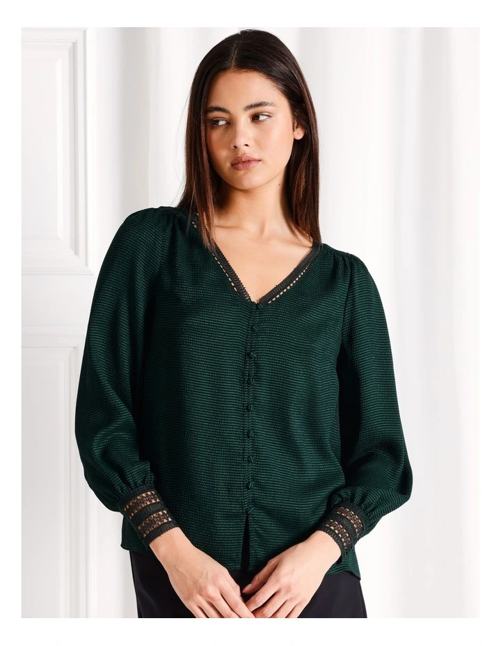 Lace Trim V-Neck Button Down Blouse in Dark Green