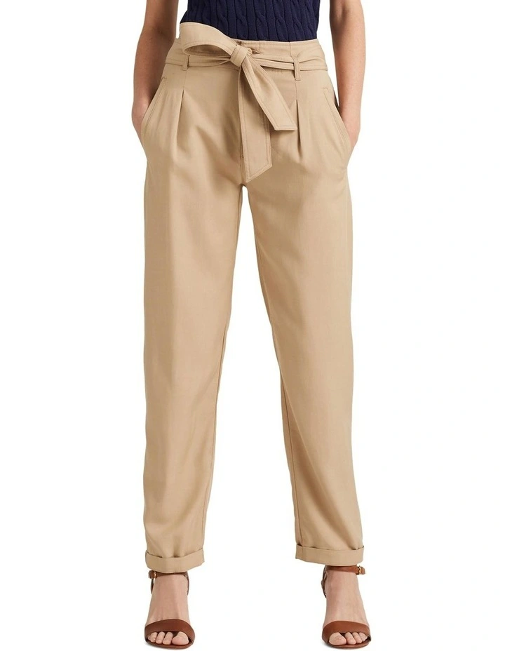 Belted Twill Cropped Pant in Beige