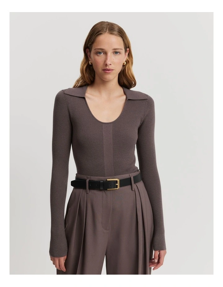Australian Merino Wool Silk Collared Knit Jumper in Truffle