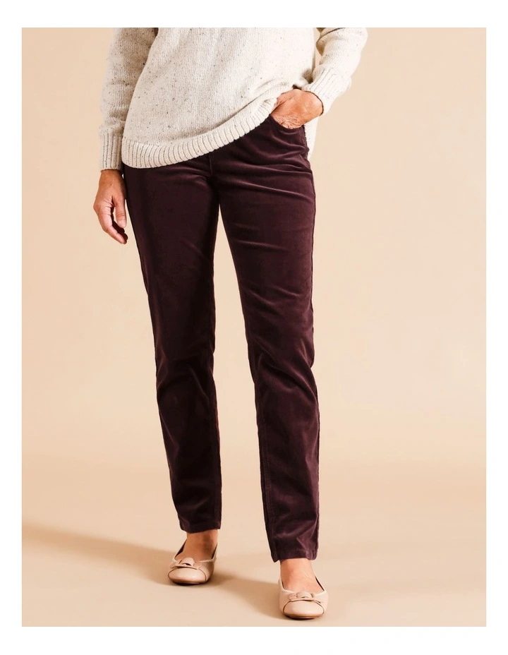 Recycled Cotton Blend 5 Pocket Stretch Cord Pant In Wine