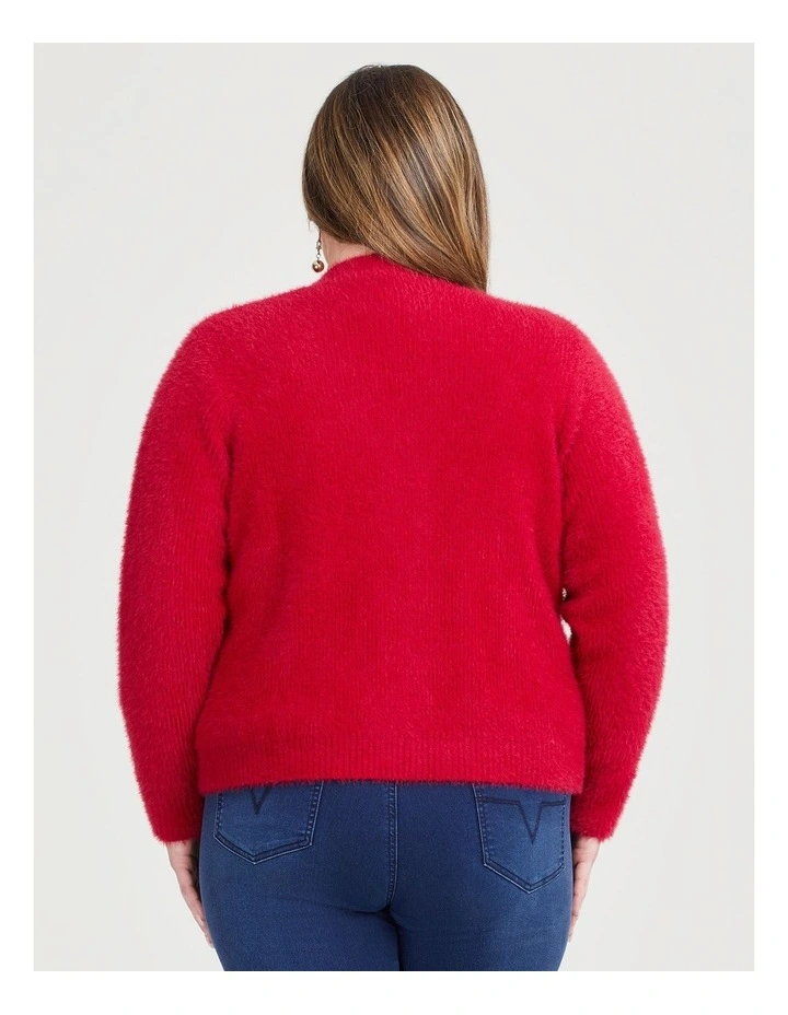 Fluffy Knit Short Cardigan in Persian Red