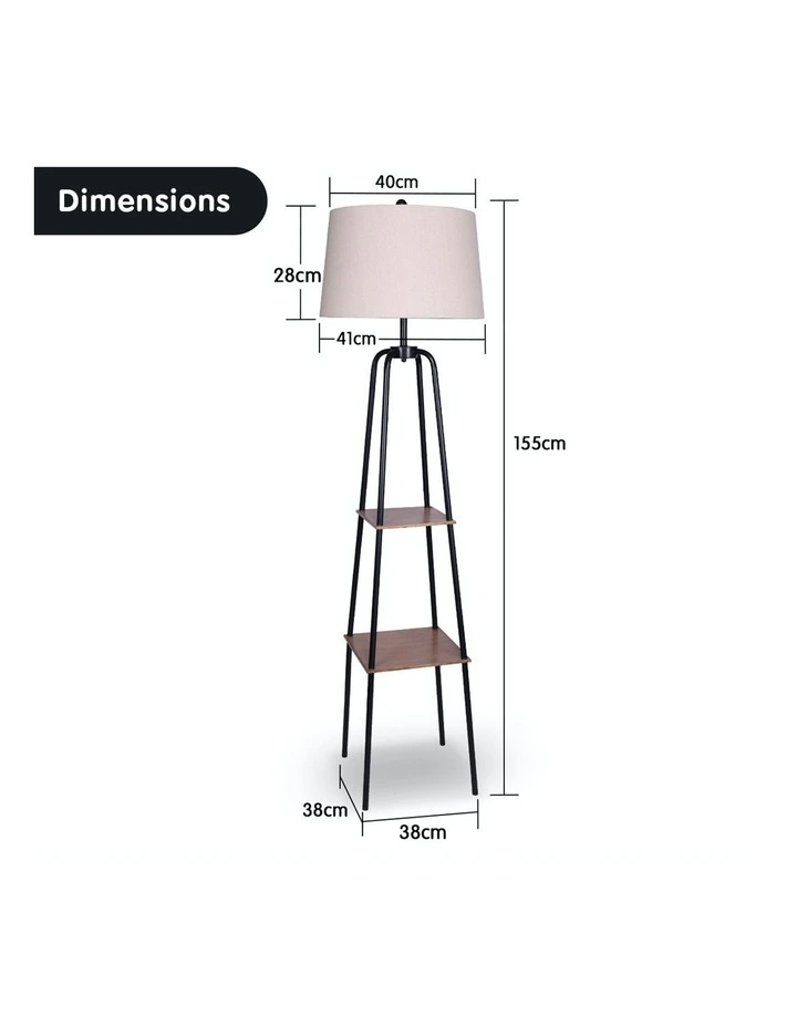 Etagere Floor Lamp Shelves Black Frame Round Linen White Fabric Shade Stand