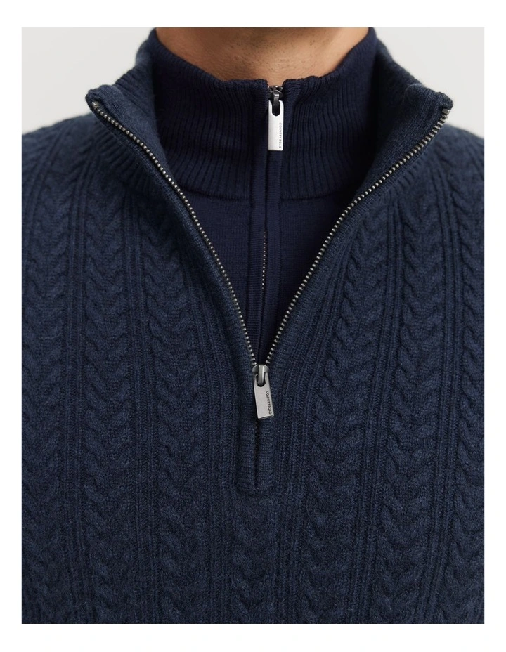 Gcs-certified Cashmere Wool Blend Cable Half Zip Knit in Navy Melange