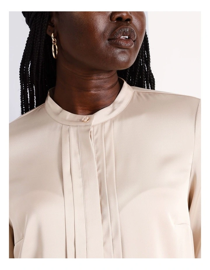 Recycled Satin Pintuck Shirt in Stone