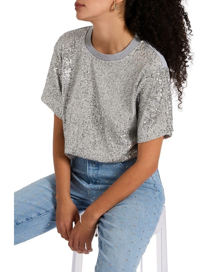 Riley Sequin Tee in Silver