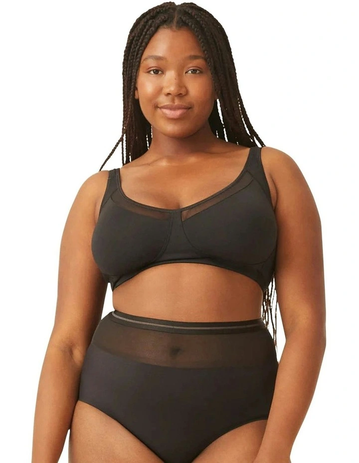 Comfortable Wide Strap Wirefree Bra With Mesh in Black