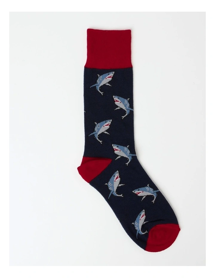 1 Pair Swimming Shark Crew Length Socks in Navy