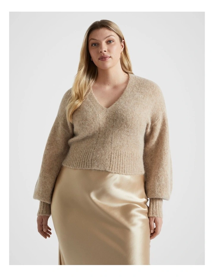 Wool Blend V Neck Knit in Champagne Beige Marle