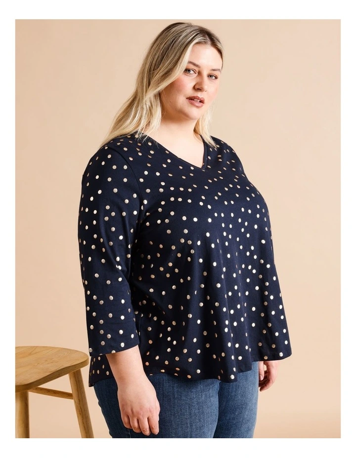 Organic Cotton Wardrobe Staple 3/4 Sleeve Tee In Navy With Gold Spot Foil