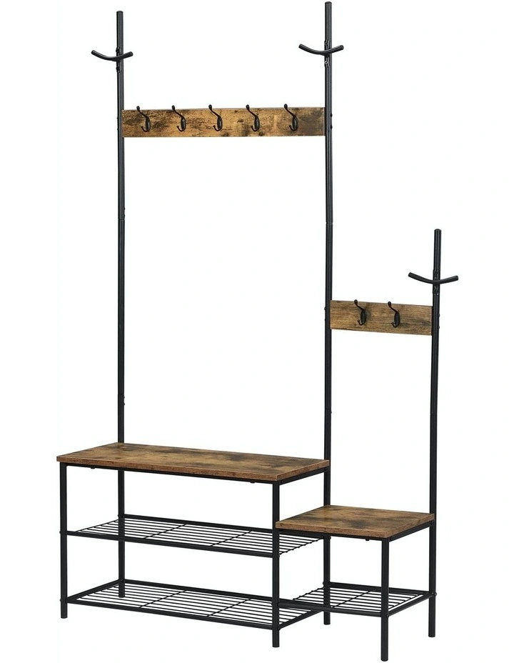 2 in 1 Hall Tree Coat Rack & Shoe Bench in Brown