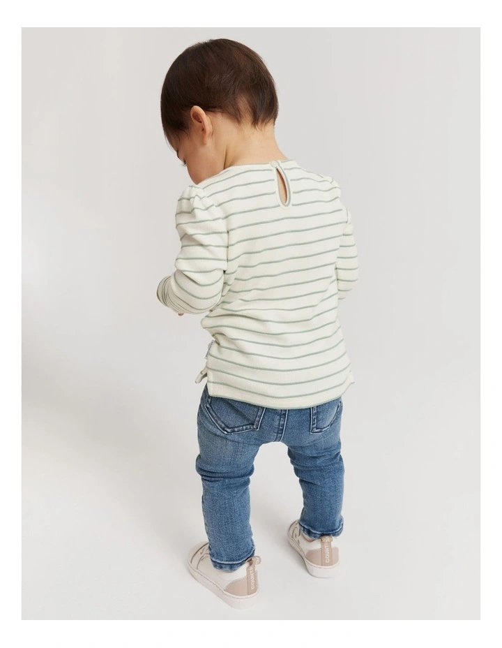 Recycled Polyester Blend Gathered Long Sleeve T-shirt in Fern Stripe