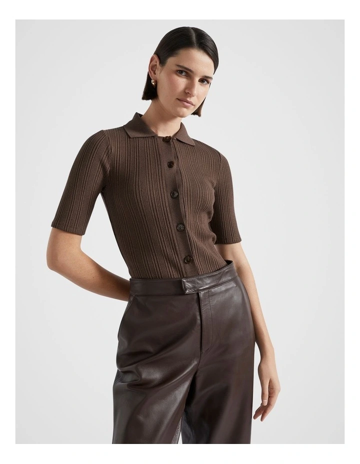 Half Sleeve Rib Polo Top in Dark Espresso Twist