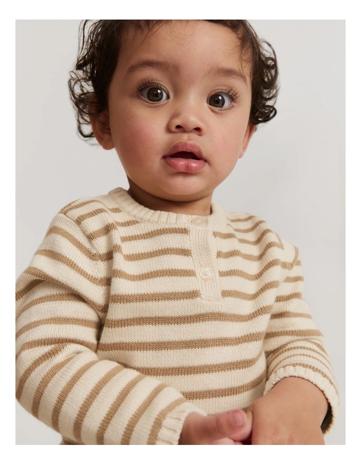 Henley Knit Sweater in Camel Stripe