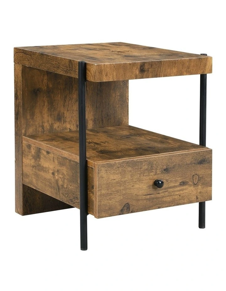 Retro Metal Tube and Wood Side Table with Drawer in Rustic Dark Brown