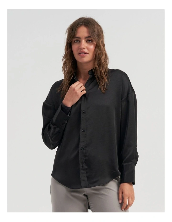 Marta Oversized Satin Shirt in Black