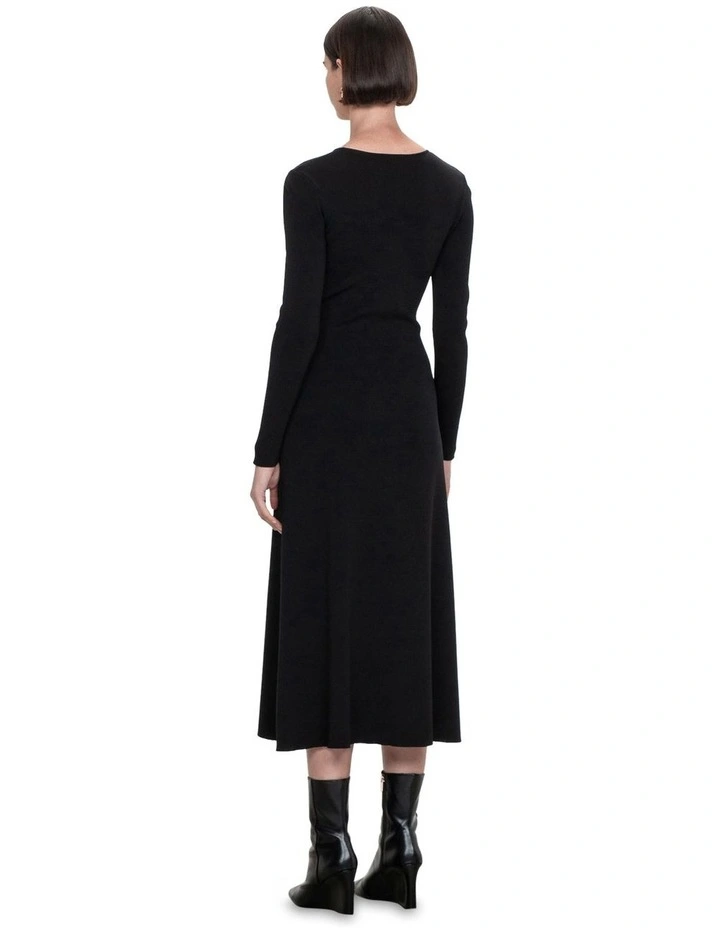 Tie Front Long Sleeve Knit Dress in Black