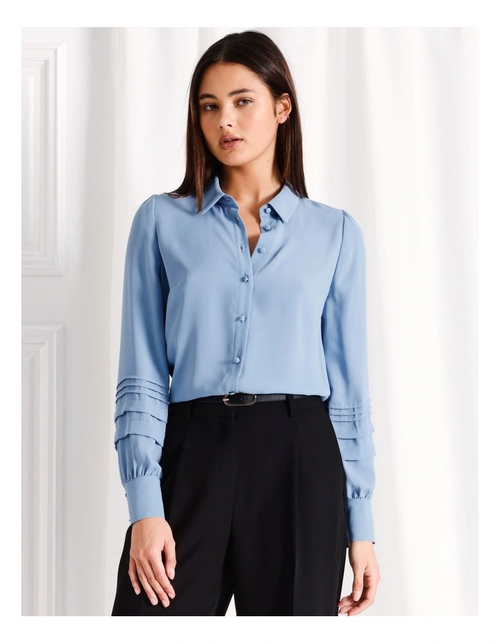 Pintuck Sleeve Shirt in Light Blue