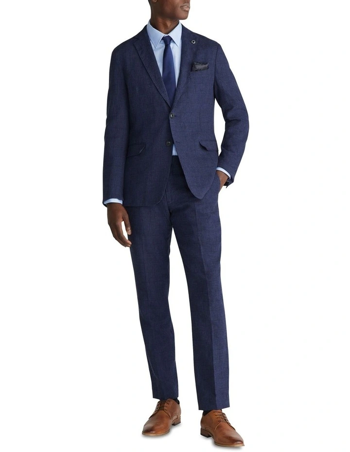 Linen Glen Check Slim Casual Jacket in Blue