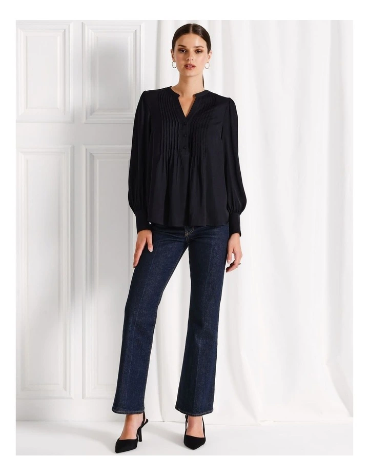 Recycled Blend Satin Pintuck Long Sleeve Blouse in Navy