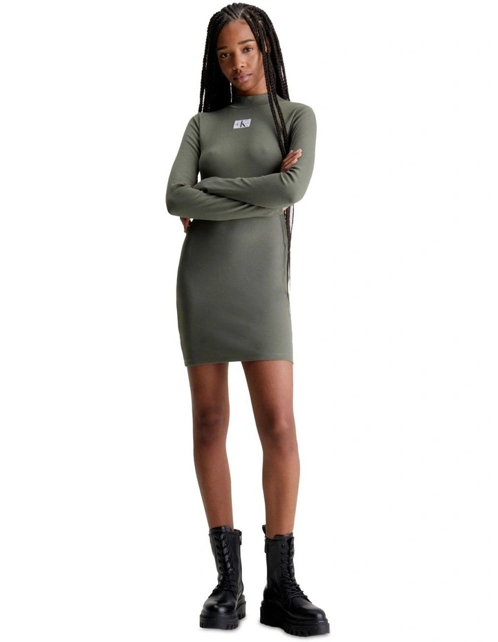 Woven Label Rib Long Sleeve Dress in Dusty Olive