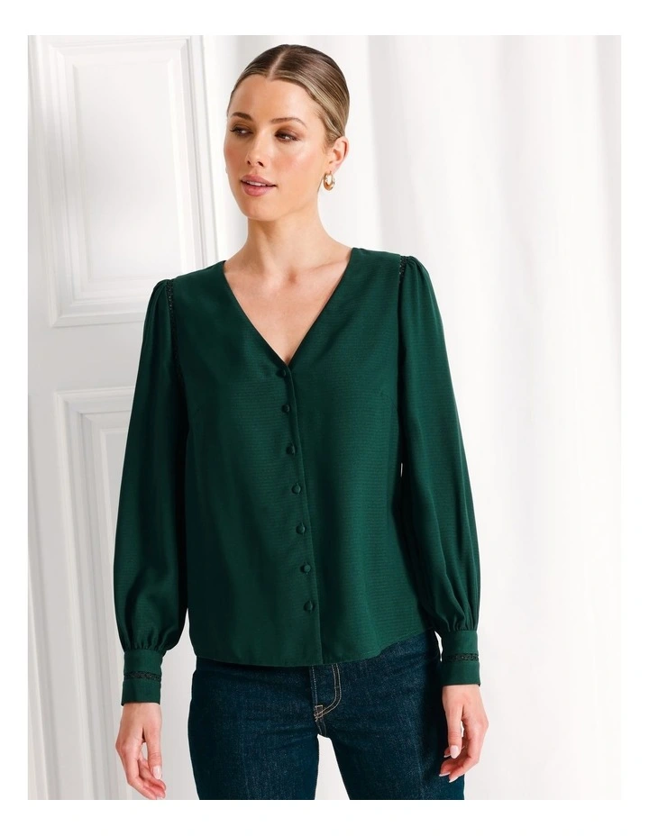 Lace Trim V-Neck Button Front Top in Dark Green