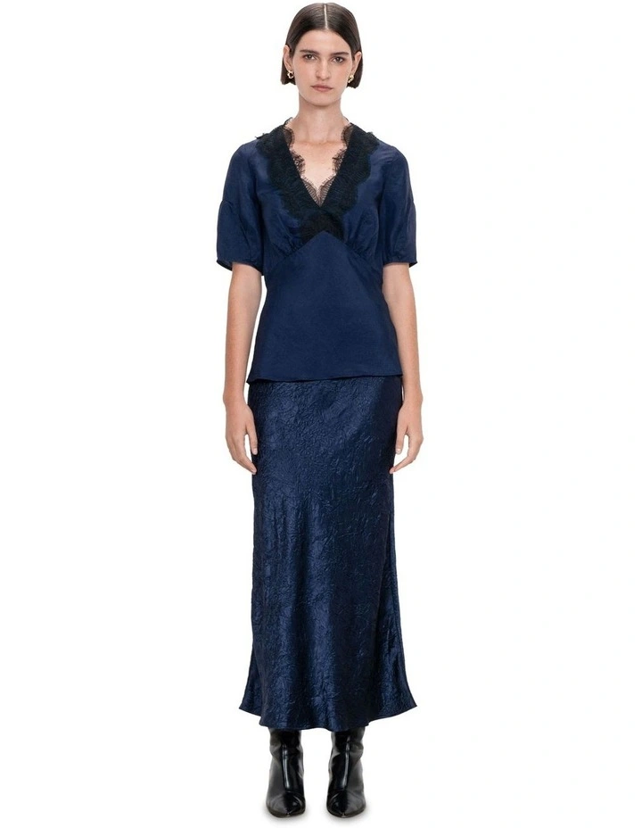 Crushed Twill Lace Top in French Navy