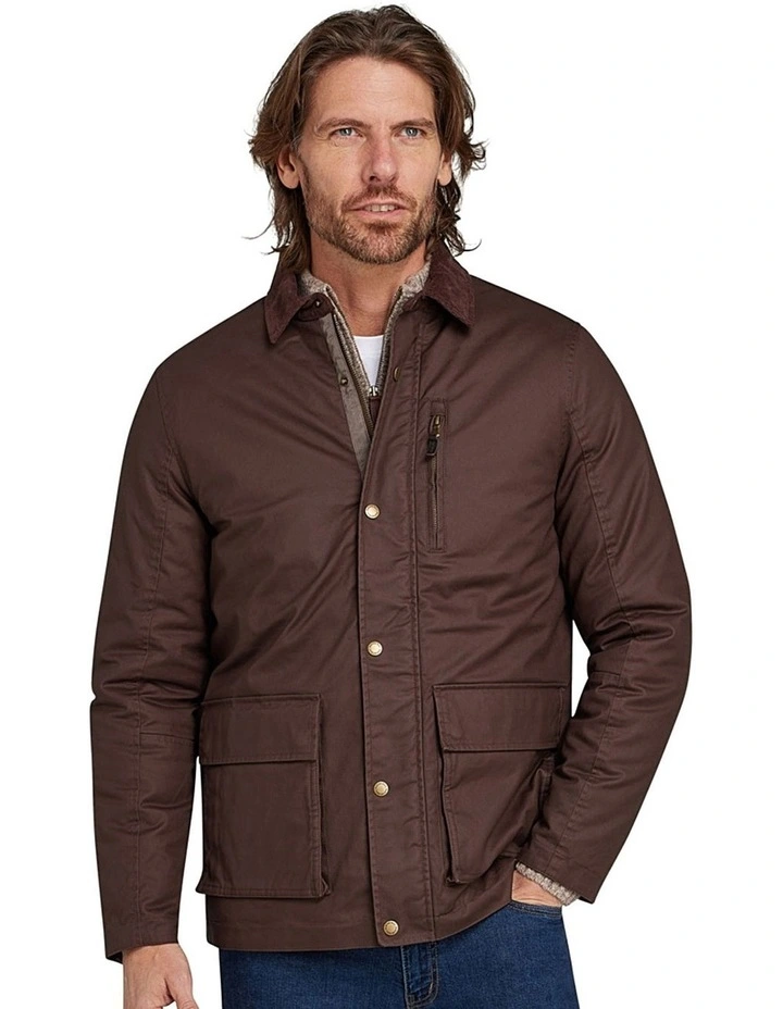 Wax Effect Jacket with Cord Collar in Brown