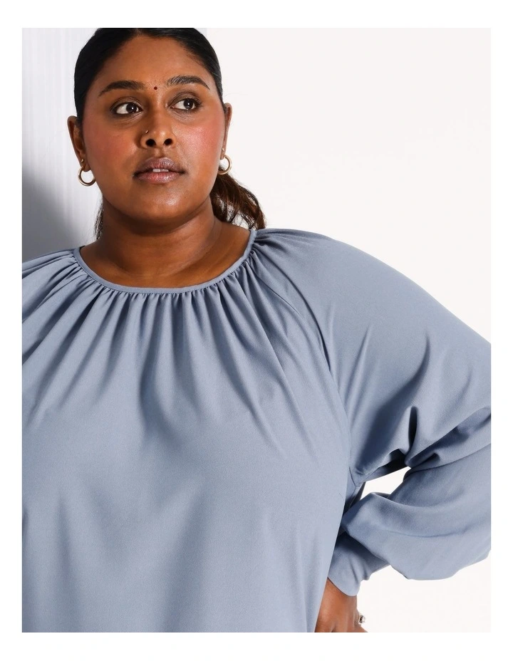 Recycled Polyester Blend Gathered Neck Mixed Media Tee in Dusty Blue