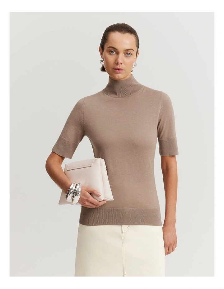 Australian Merino Wool Silk Short Sleeve Knit in Fawn