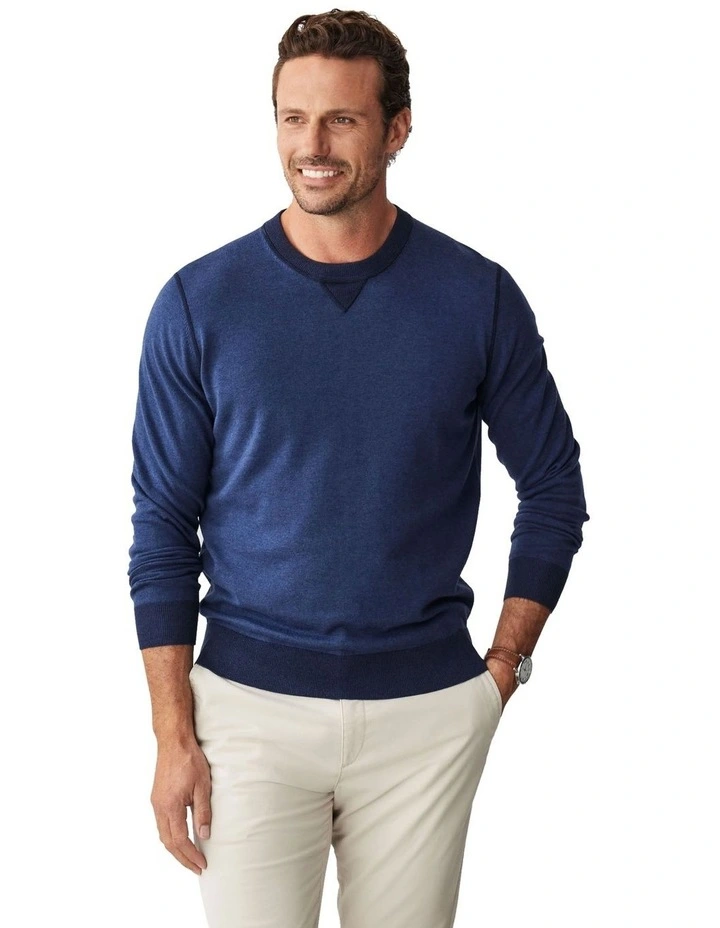 Two Tone Crew Neck Knit Sweater in Navy