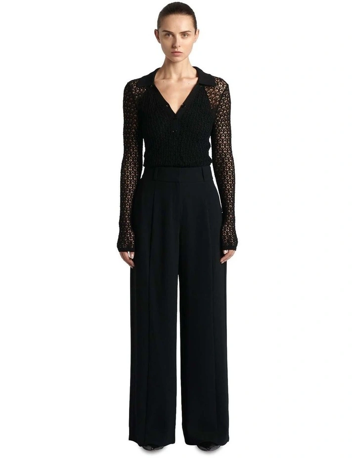 Polo Collar Lace Knit Top in Black