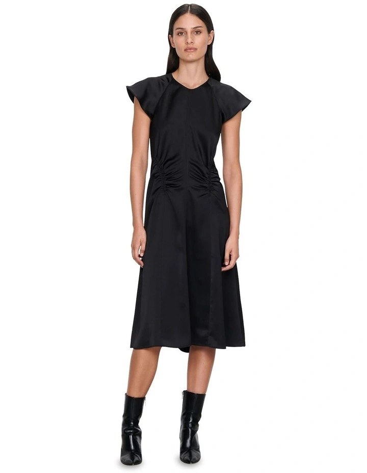 Drapey Satin Gathered Dress in Black