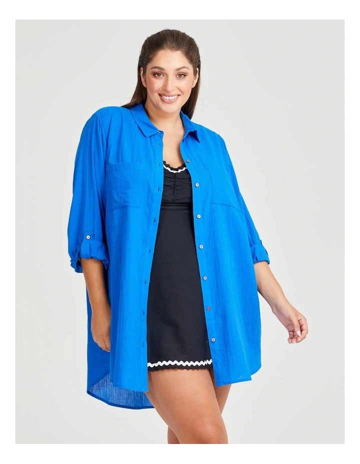 Cotton Long Shirt Coverup in Ocean Blue