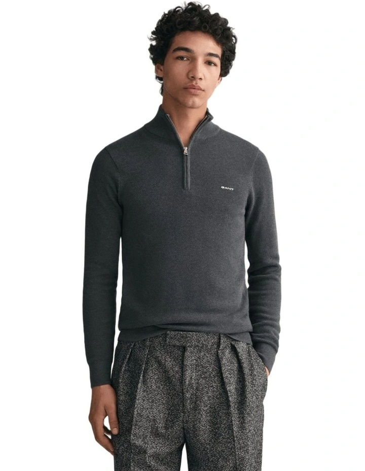 Cotton Pique Half-Zip Sweater in Antracit Melange