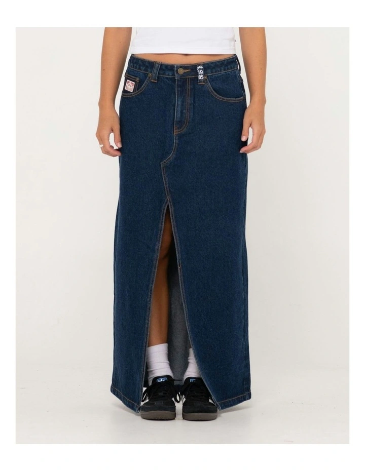 Celeste Low Rise Denim Maxi Skirt in Blue