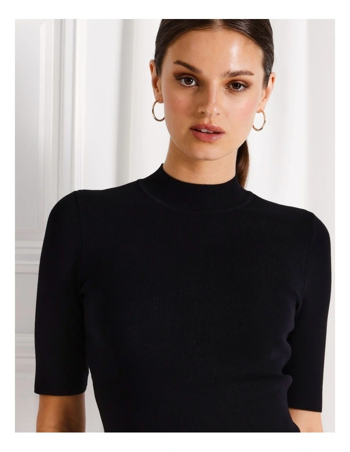 High Neck Short Sleeve Knit Top in Black