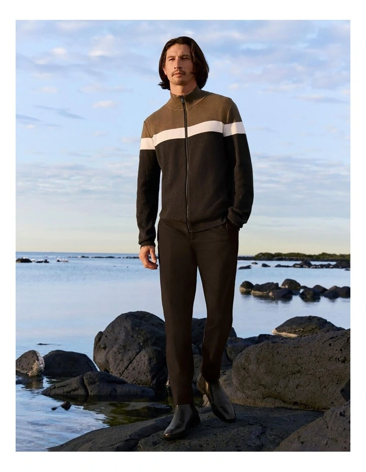 Simon Block Stripe Knit Zip Through in Khaki