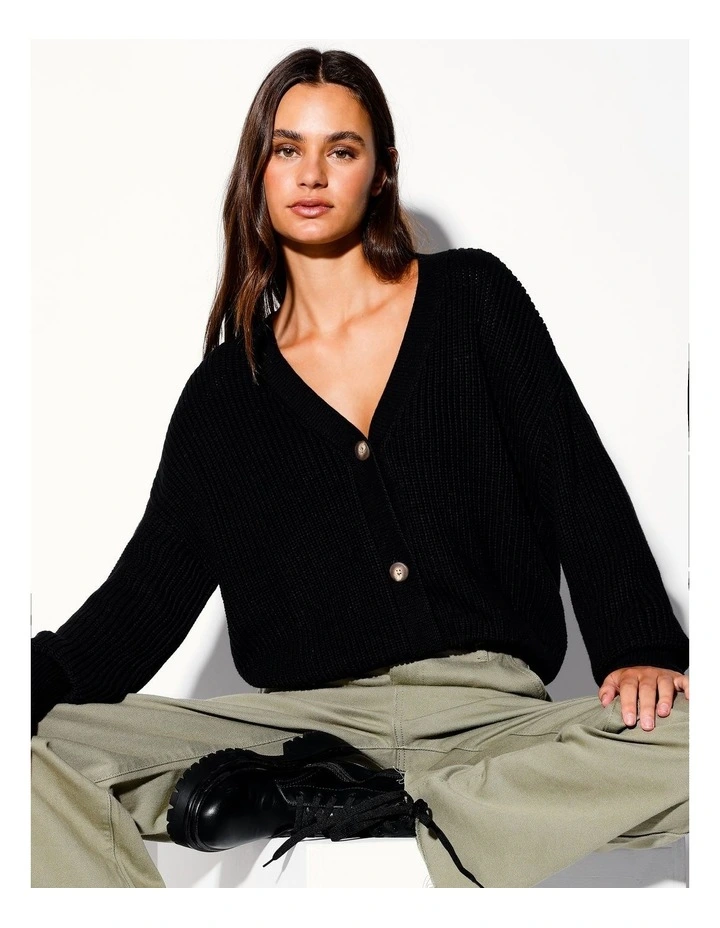 Organic Relaxed Rib Knit Cardi in Black