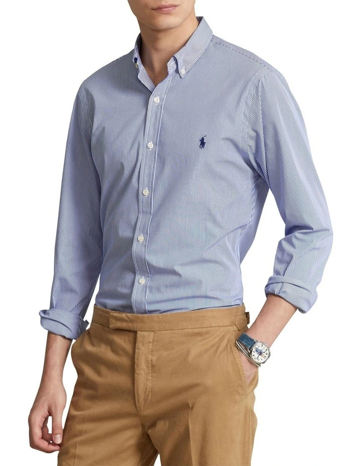 Classic Fit Striped Stretch Poplin Shirt in Blue