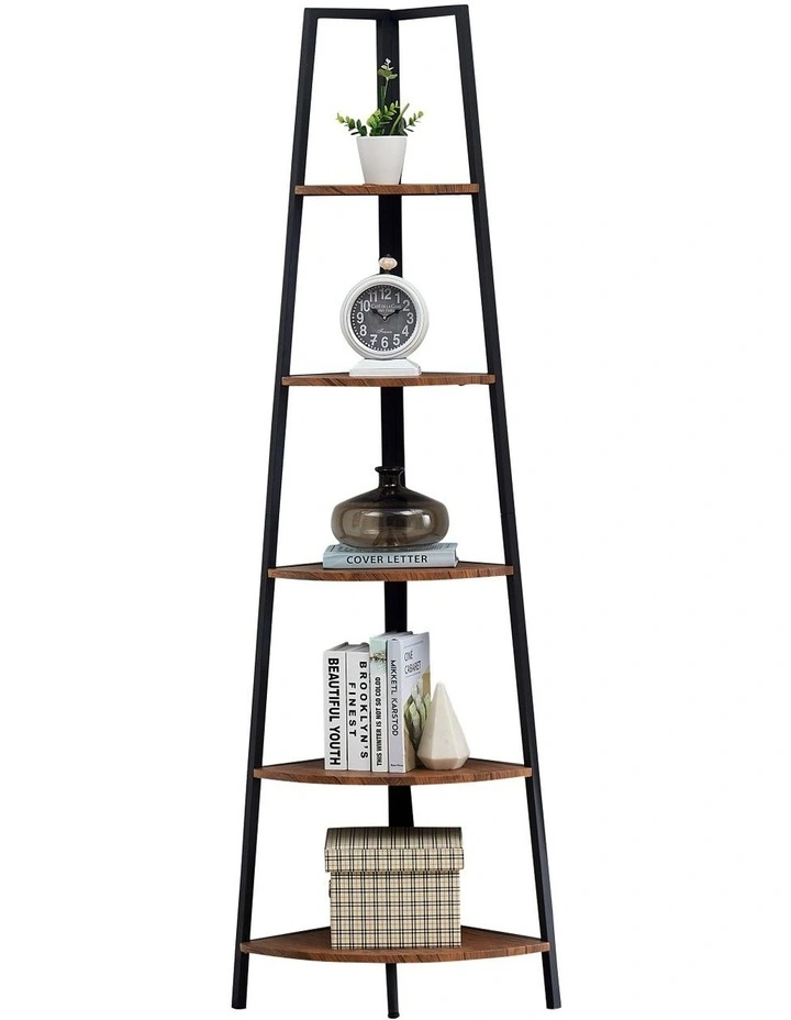 5 Tier A-Shaped Industrial Corner Shelves Bookcase Retro Brown