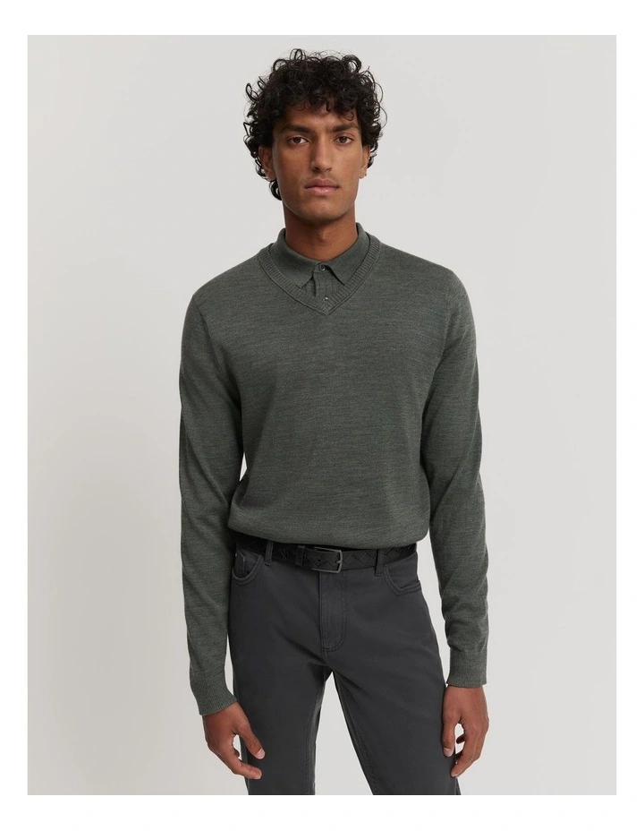 Verified Australian Merino Wool V-neck Knit in Slate Green