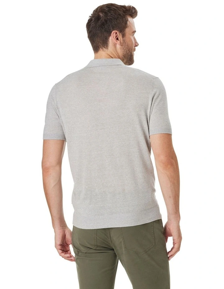 Cotton Linen Knit Polo in Grey Marle